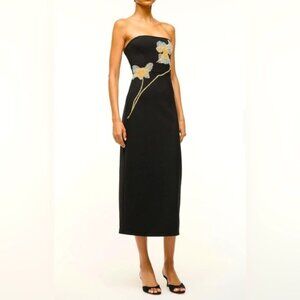 STAUD Brooke Dress Botanical Elegant Black Dress with Gold Accents